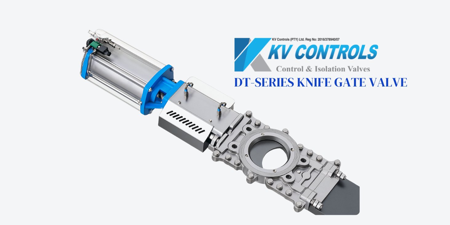 DT-Series knife gate valve with pneumatic actuator supplied by KV Controls in South Africa for slurry and fibre-rich media.