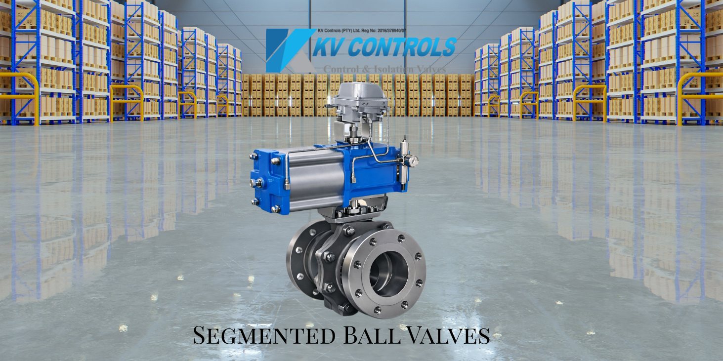 Close-up of a segmented ball valve with blue pneumatic actuator showing stainless steel flanged body in an industrial environment.