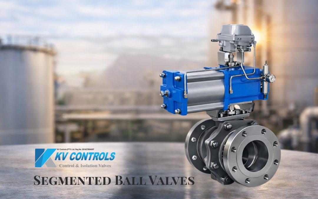 Pneumatic segmented ball valve with blue actuator mounted on stainless steel flanged valve in industrial setting.
