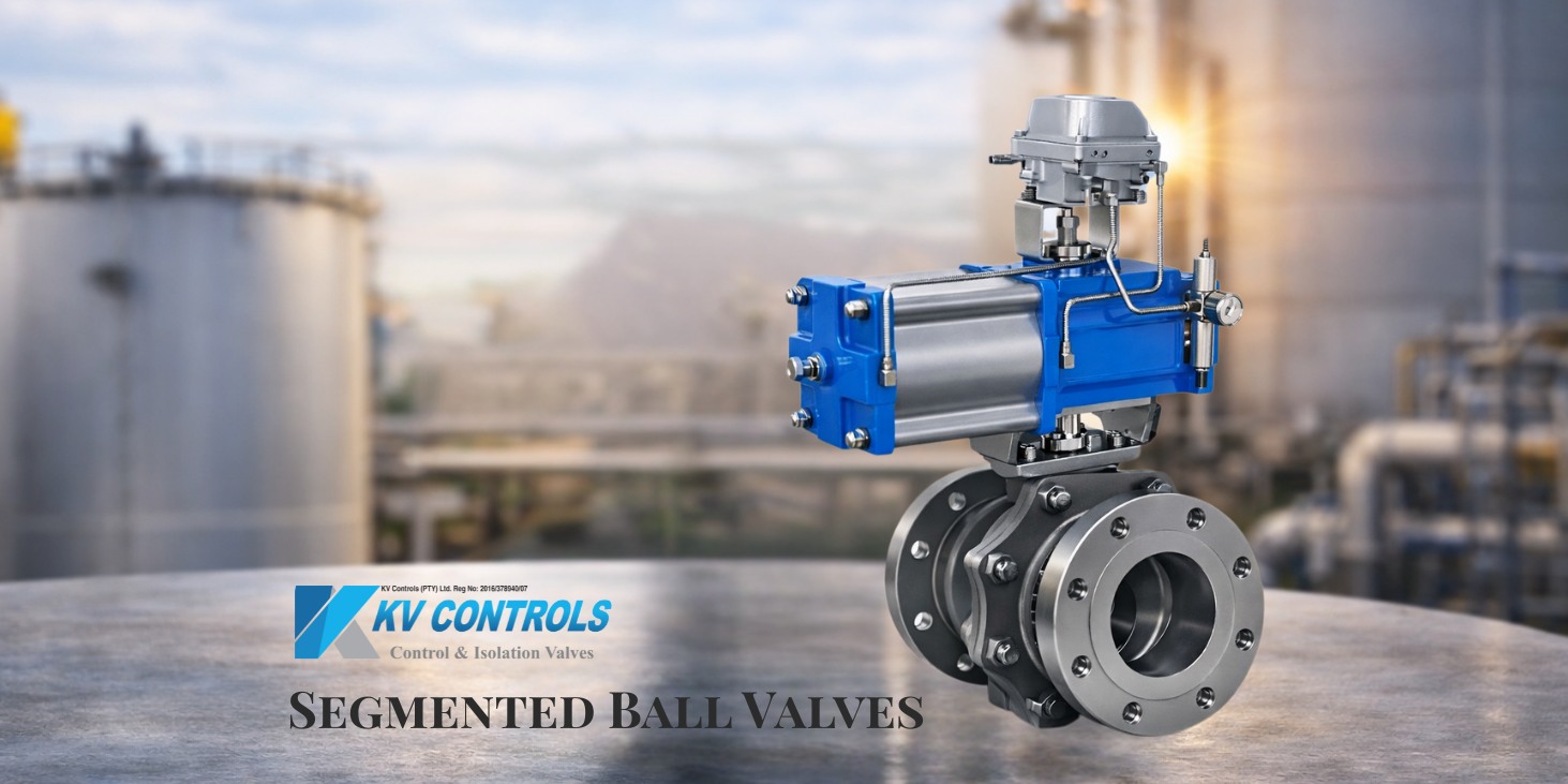 Pneumatic segmented ball valve with blue actuator mounted on stainless steel flanged valve in industrial setting.