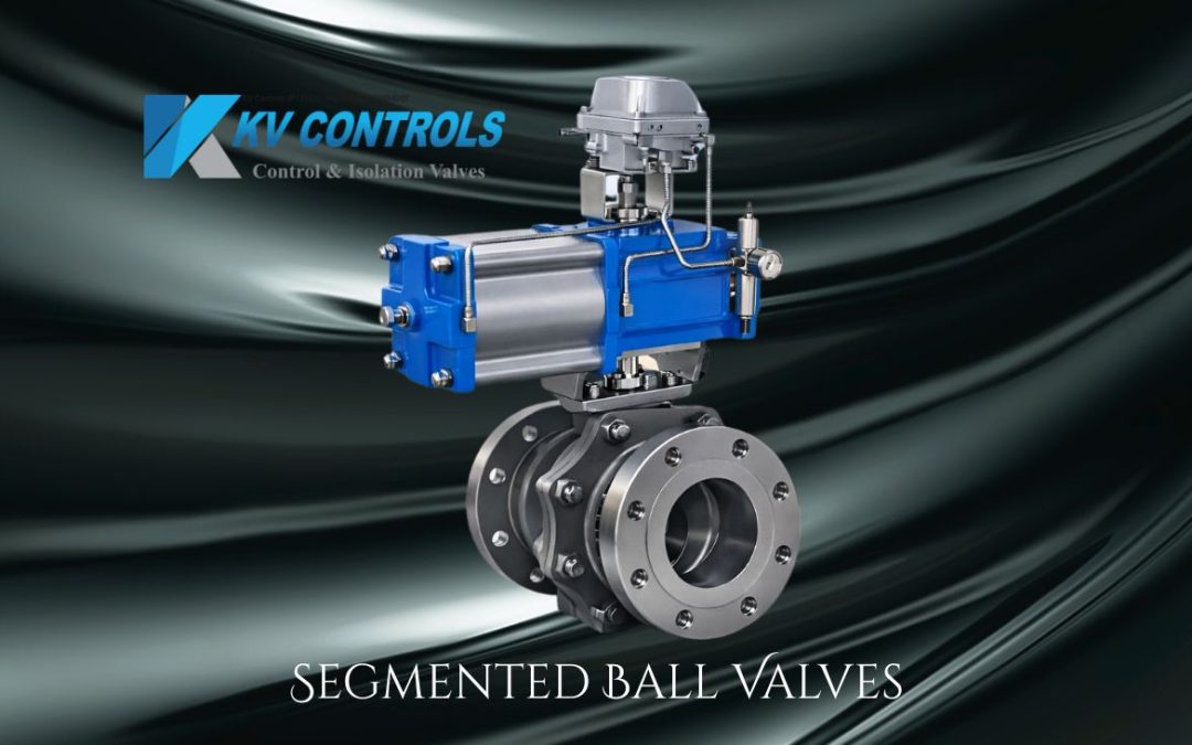 Close-up of a pneumatic segmented ball valve with blue actuator installed on a stainless steel flanged pipeline in an industrial setting.