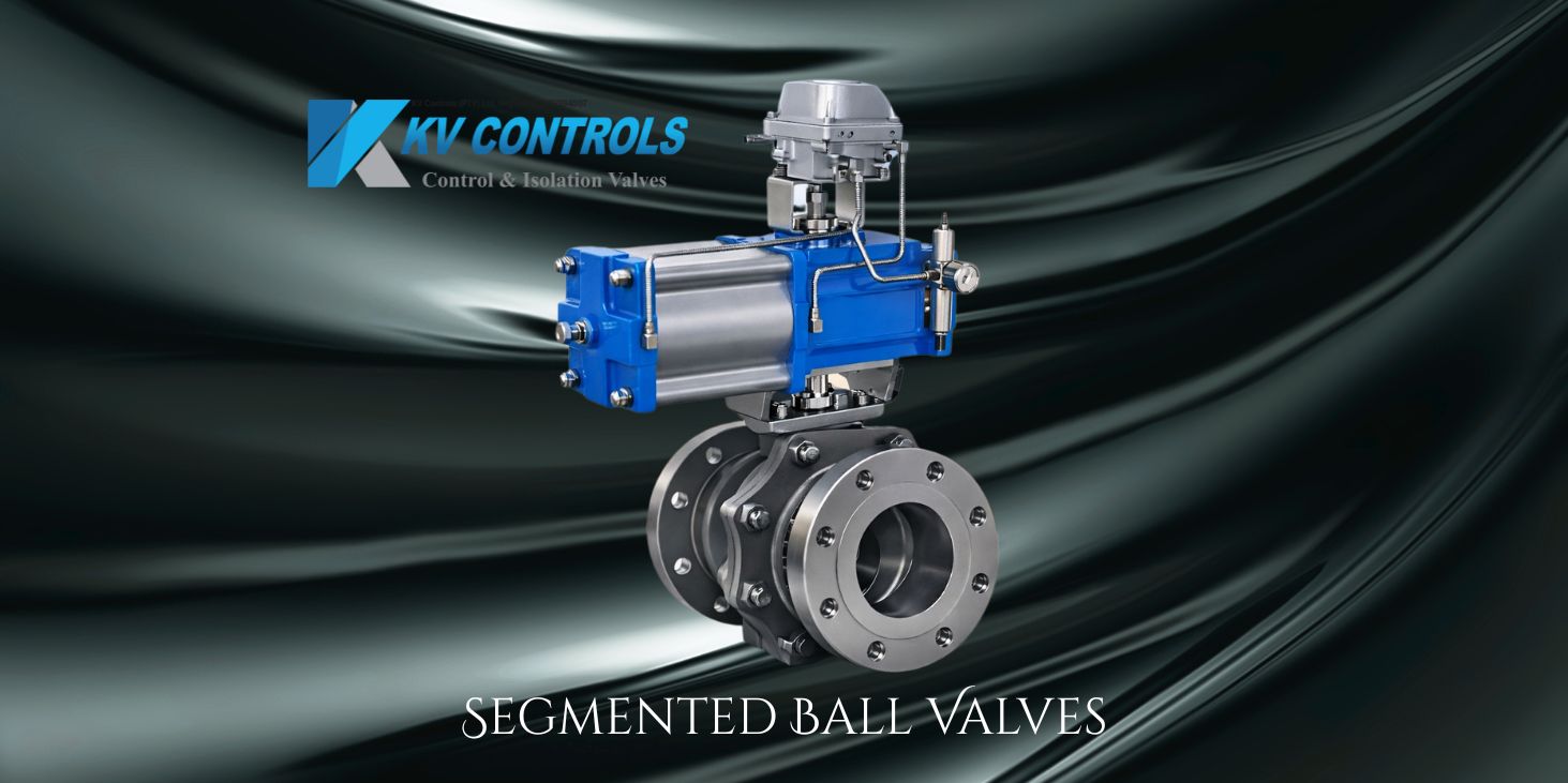 Close-up of a pneumatic segmented ball valve with blue actuator installed on a stainless steel flanged pipeline in an industrial setting.