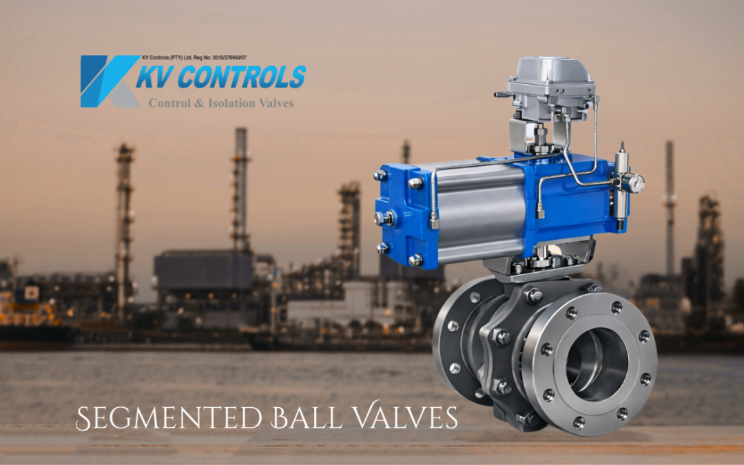 Pneumatic segmented ball valve with blue actuator mounted on stainless steel flanged valve in an industrial plant environment.