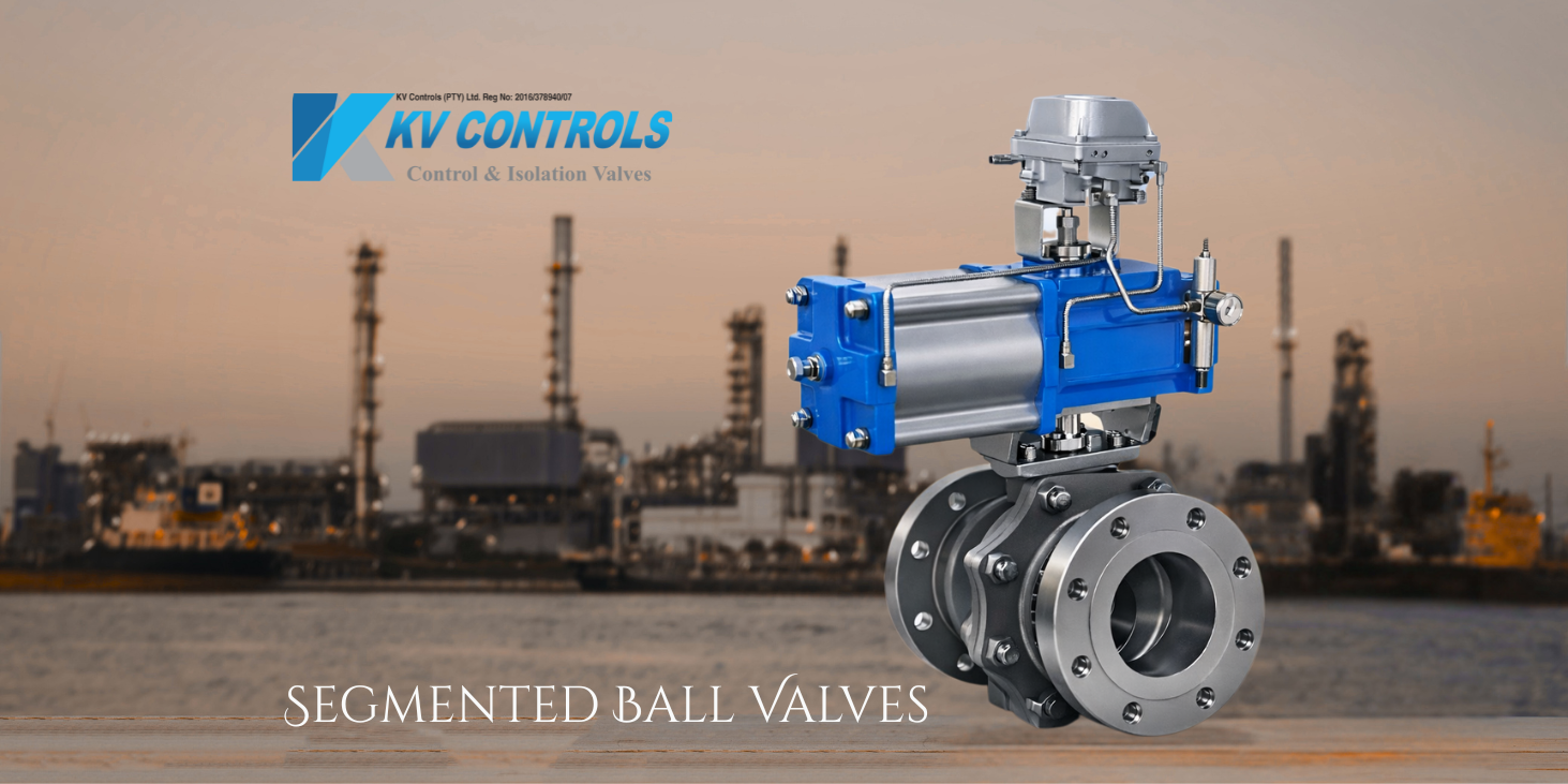 Pneumatic segmented ball valve with blue actuator mounted on stainless steel flanged valve in an industrial plant environment.